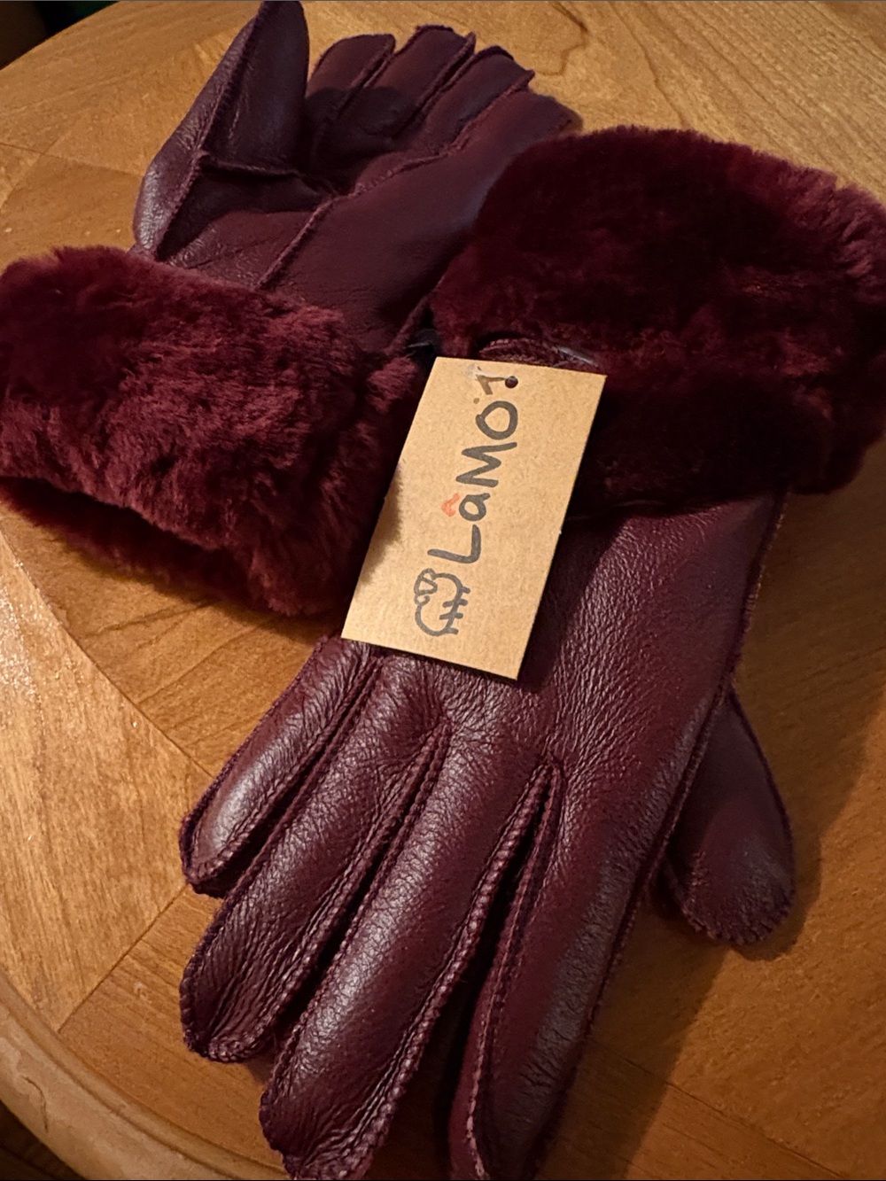 Lamo Women's Burgundy Leather Gloves with Plush Fur Cuff